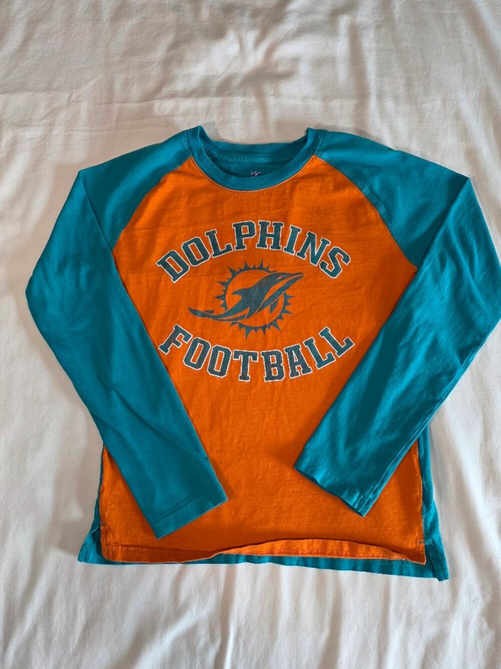 Miami Dolphins Football Raglan Tee NFL Orange Aqua Youth Girls M 10/12